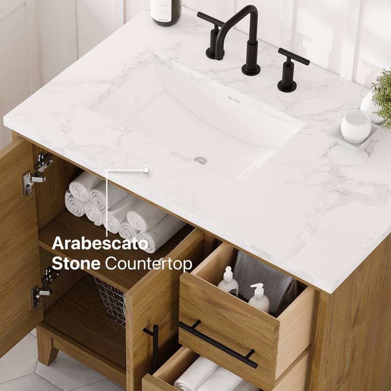 Eviva Graham 36"W Oak Bath Vanity with Arabescato Engineered Stone Top