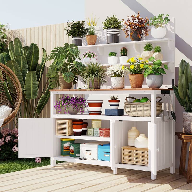 Roomfitters 50 Inch Solid Fir Wood Potting Bench with Hutch and Cabinets, Garden Workstation Table