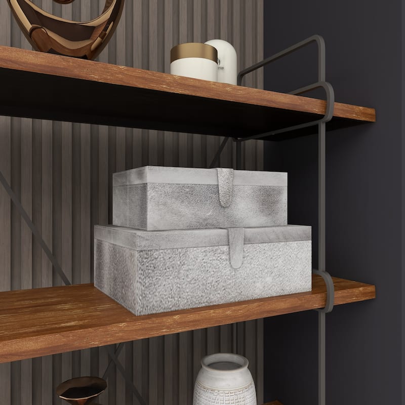 Gray, Silver or Gold Leather Handmade Cowhide Storage Box with Silver Foil Accents (Set of 2)