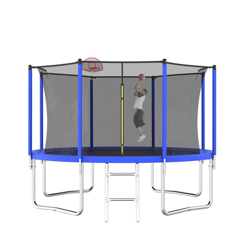 Recreational Trampoline - Basketball Hoop & Ball, Safety Enclosure, Backyard Use - Blue - 144.09