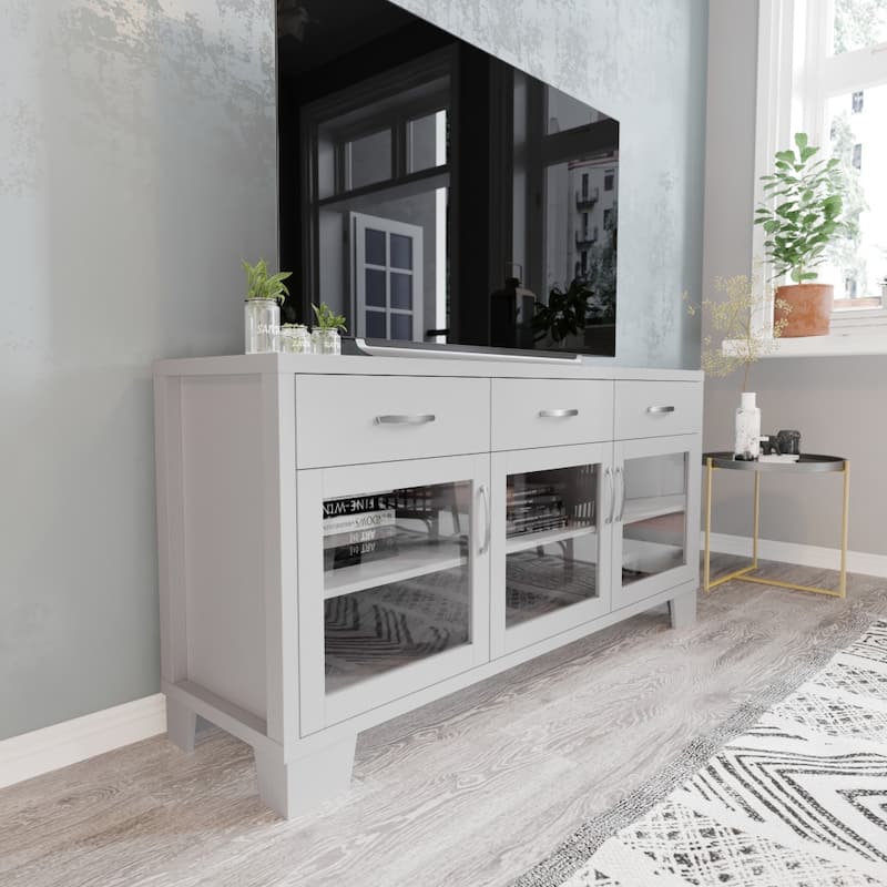 Engineered Wood Buffet Sideboard Storage Cabinet w/ 3 Drawers, Doors - 59"W x 16.5"D x 29.75"H - White