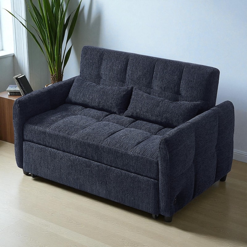 52.8" Loveseat Pull-Out Sleeper Sofa Bed with Adjustable Backrest, USB Ports and Pillows, Tufted Chenille Sofa