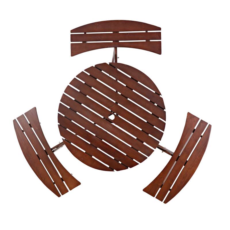 Outdoor Wood Picnic Table and Bench Set, 6 Person Round Dining Table with 3 Built In Benches and Umbrella Hole