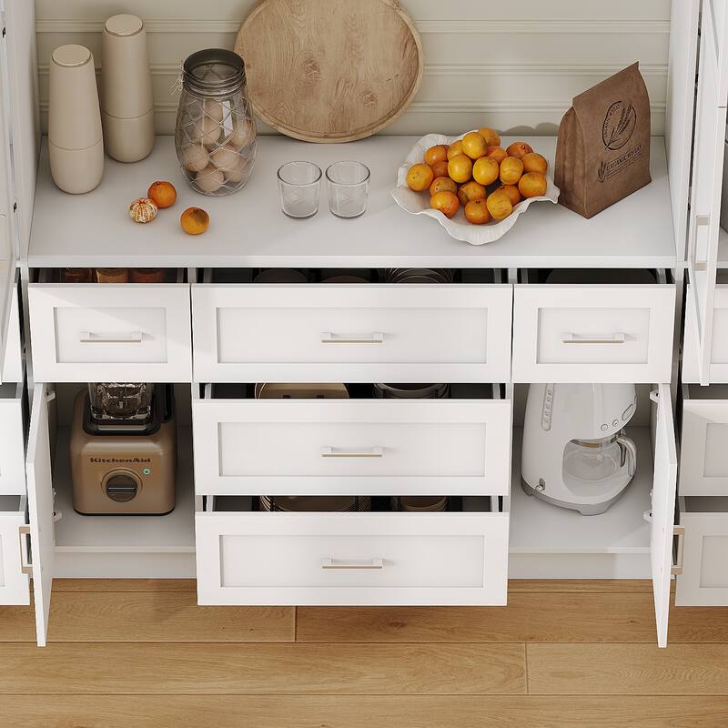 Multi-Functional White Kitchen Storage Cabinet with Drawers and Glass Doors, MDF & Metal Hardware