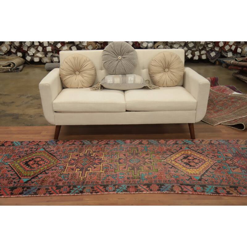 Hand Knotted Oriental 100% Wool Carpet Traditional Geometric Pink Heriz Runner Rug - 9' 5'' X 3' 0''