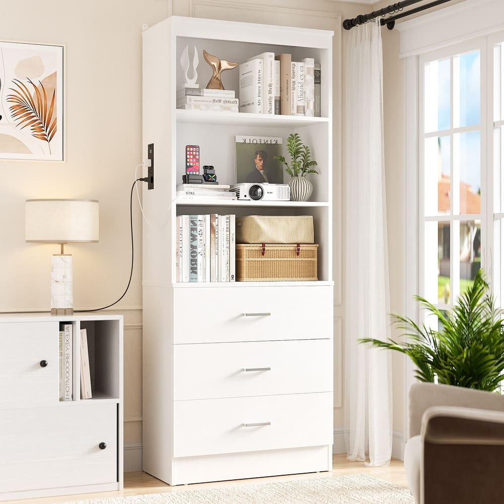 6-Tier 23.6'' Display Cabinet with Charging Station and Drawers, Bookcase Storage Shelf Kitchen Pantry