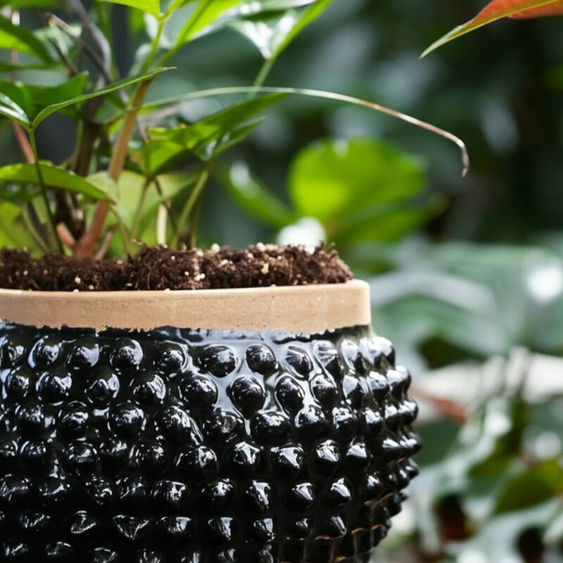 Terracotta Planter Textured Glaze Indoor Outdoor Use - 7" Black - 12" x 12" x 7"