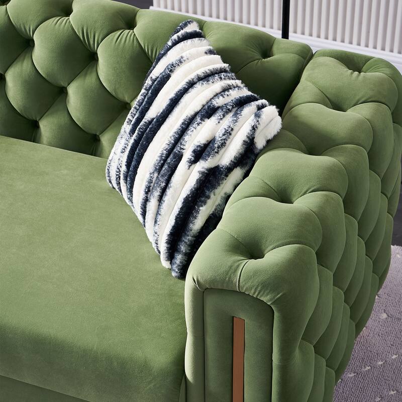 Chesterfield Velvet Sofa with 2 Striped Pillows. Modern Settee with