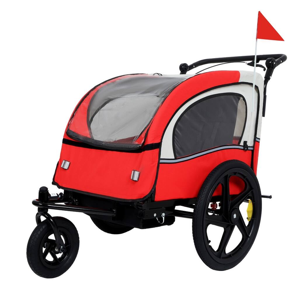 2-In-1 Double 2 Seat With Bike Trailer Jogger Stroller Foldable Collapsible W/Pivot Front Wheel, Storage Bag