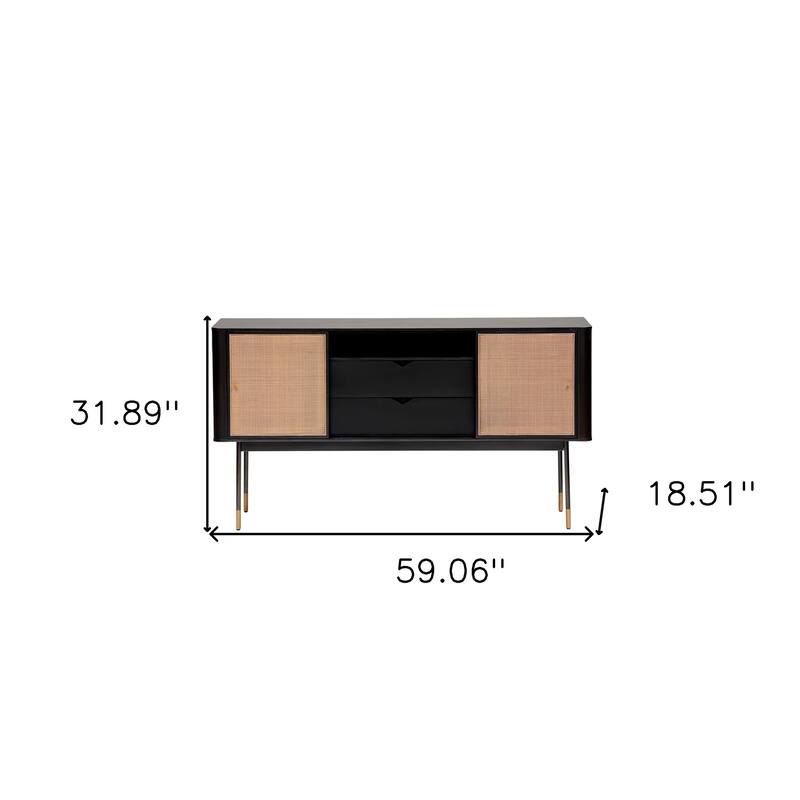 HomeRoots 59" Black And Natural Wood Two Drawer Sideboard with Two Sliding Doors - 59.06 in. x 31.89 in. x 18.51 in.