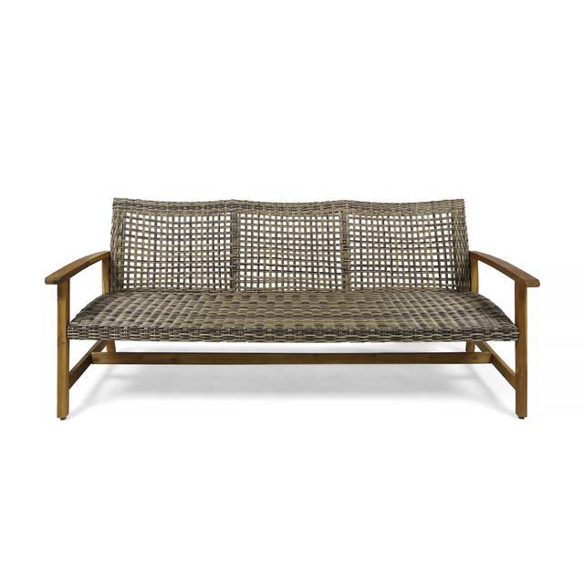 Hampton Outdoor Wood and Wicker Sofa by Christopher Knight Home - gray, natural stained finish