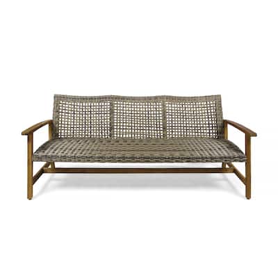 Outdoor Rattan Loveseat Sofa Acacia Wood 3 Seater Couch