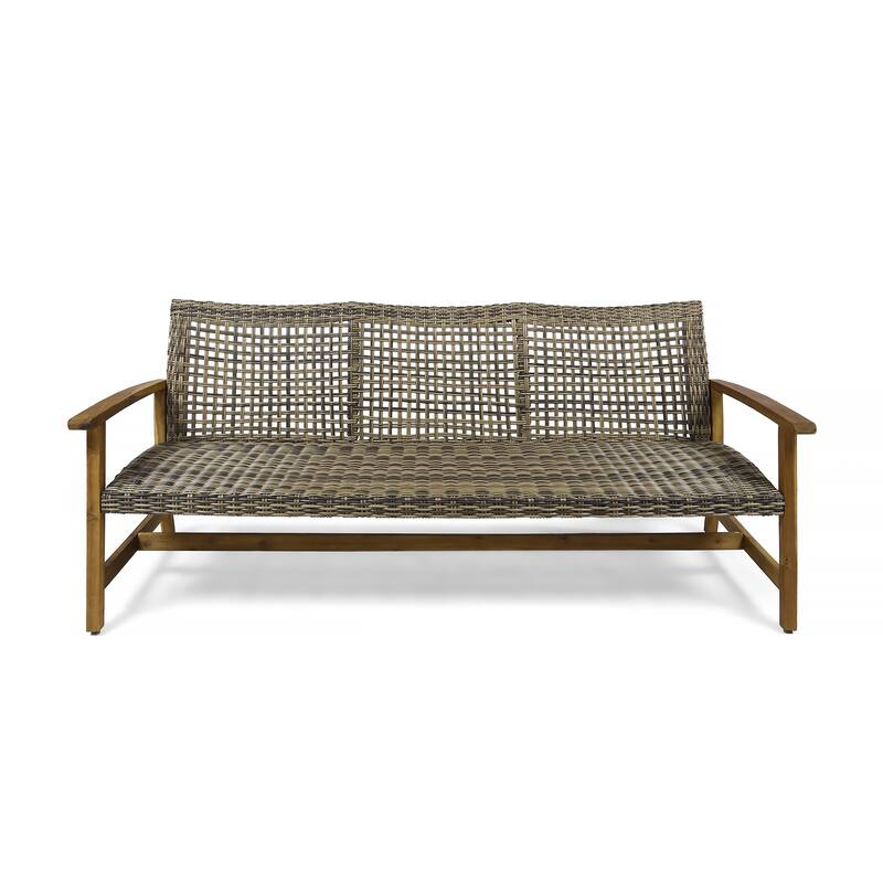 Roomfitters 3-Seater Outdoor Wicker Patio Loveseat with Acacia Wood Frame and Sloped Armrests