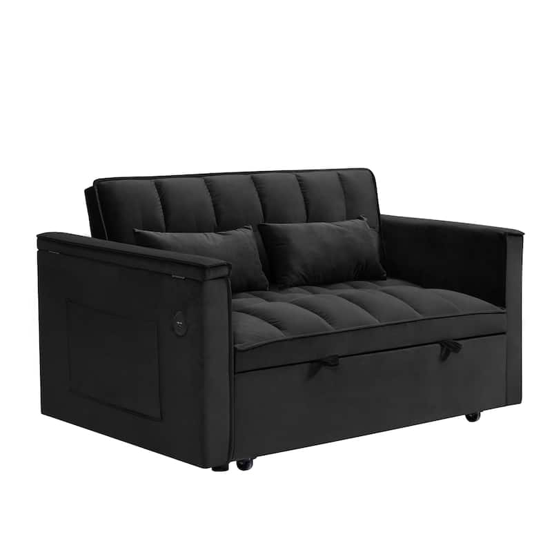 55.5" Convertible Velvet Double Sleeper Sofa Bed with Hidden Side Table
