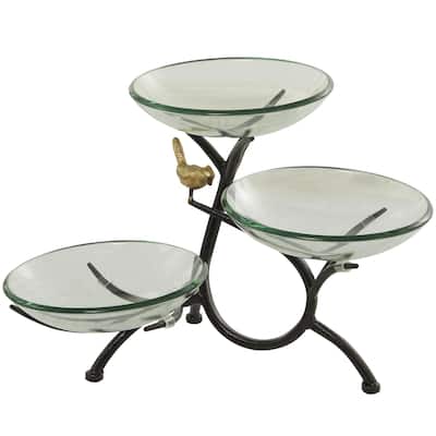 Glass Kitchen 3 Tiered Serving Bowl with Black Metal Branch Stand - Clear - Roche River Decor - 12"W x 20"L x 14"H