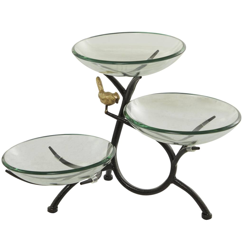 Glass Kitchen 3 Tiered Serving Bowl with Black Metal Branch Stand - Clear - Roche River Decor - 12"W x 20"L x 14"H