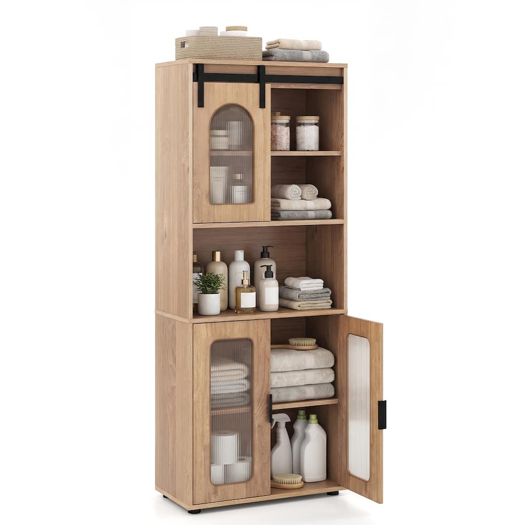 Gymax 59'' Farmhouse Bathroom Floor Cabinet w/Sliding Barn Door and