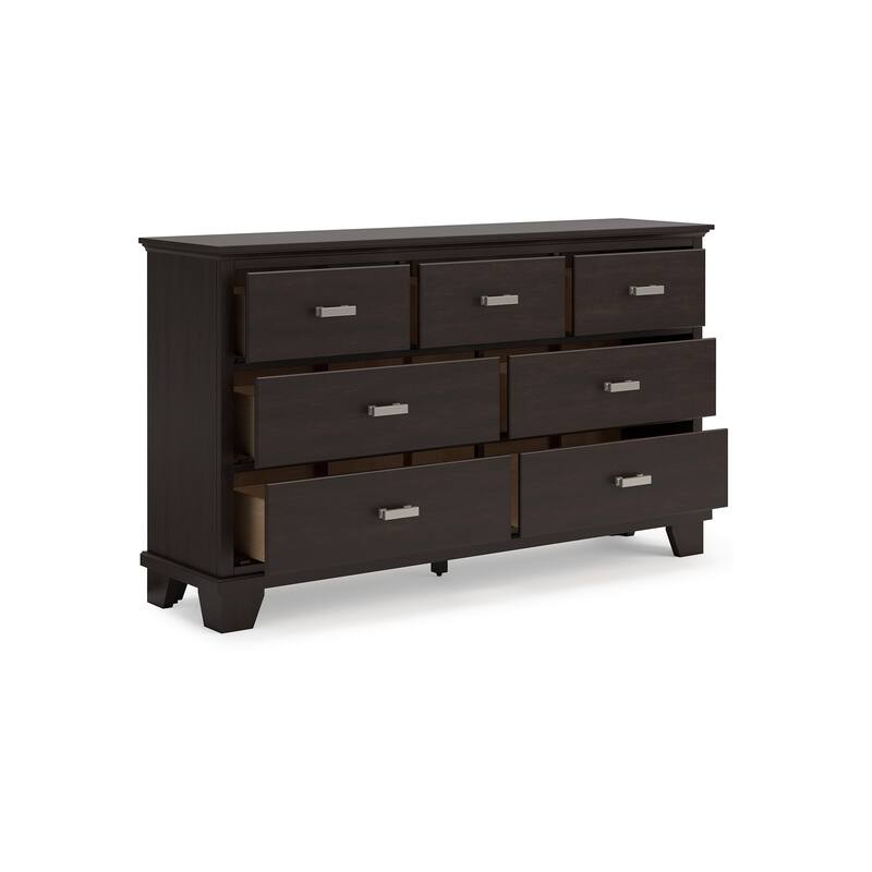 Teno Wide Dresser, 7 Drawers Nickel Handles, Dark Brown Solid Hardwood