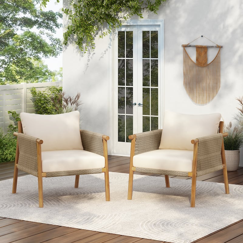 Christopher Knight Home - 28" Modern Outdoor Woven Lounge Chair with Solid Wood Frame and Comfortable Polyester Cushions - 2-Piece - Beige+Natural