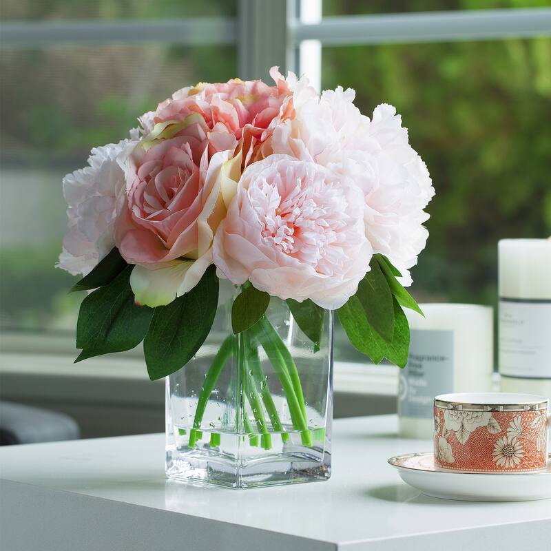 Enova Home Mixed Artificial Peony Roses and Hydrangea Silk Flowers in Clear Glass Vase with Faux Water - 12"H x 10"W