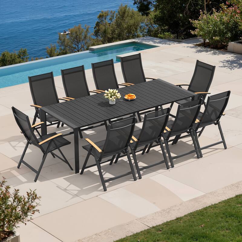 7/9/11-Piece Outdoor Patio Dining Set Aluminum Rectangular Dining Table and Adjustable Folding Chairs - Black - Set of 11