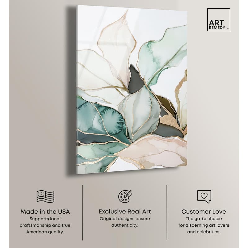 Pastel Leaves with Gold III Acrylic by Art Remedy, Ready to Hang