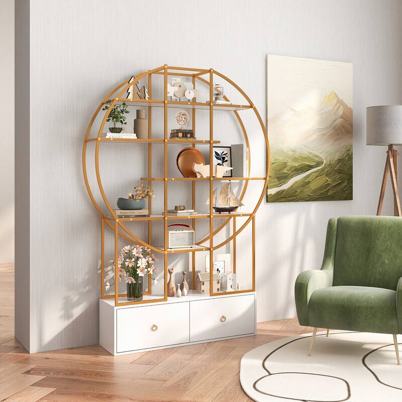 Gymax 71'' Tall Metal Bookcase 6-Tier Gold Bookshelf w/ 2 Storage