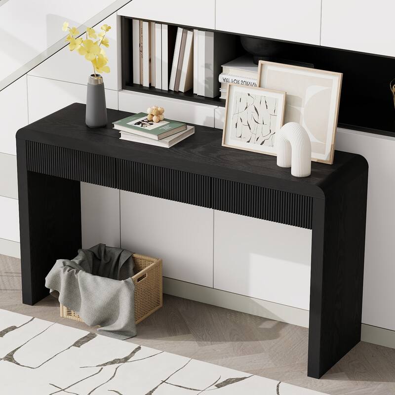 Solid Wood Veneer Rustic Console Table With Three Fluted Drawers, Showcasing Natural Wood Grain.
