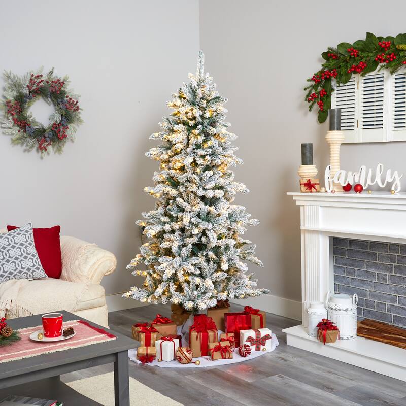 6.5’ Flocked Livingston Fir Cones Artificial Christmas Tree, Clear LED - 6.5 Foot