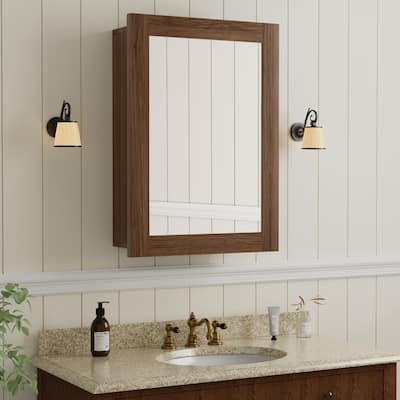 Wood Medicine Cabinet with Mirror, Adjustable Shelves, Walnut, Recessed/Wall Mount