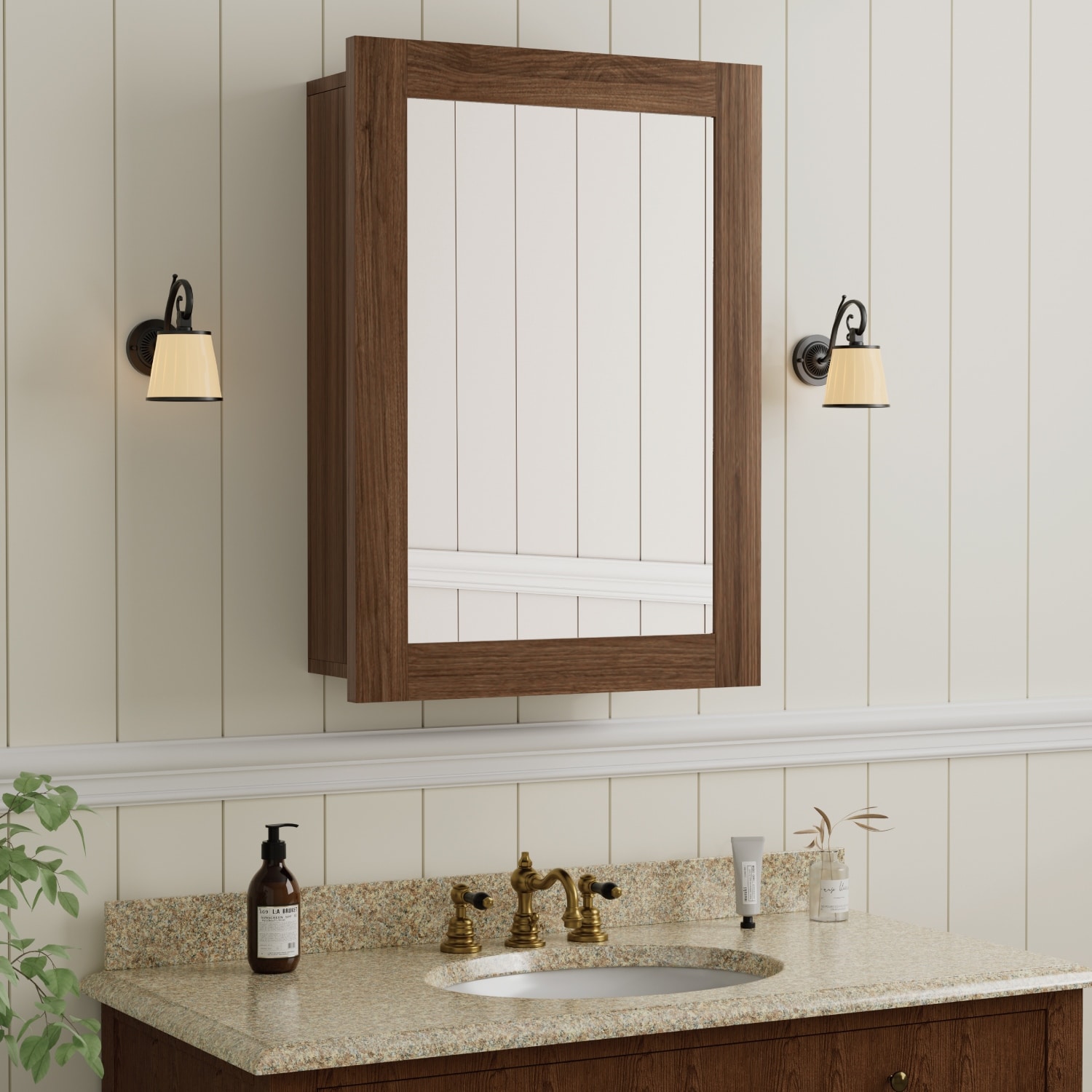 Tara Wood Medicine Cabinet with Mirror, Adjustable Shelves, Reversible Door, Fully Assembled, Walnut