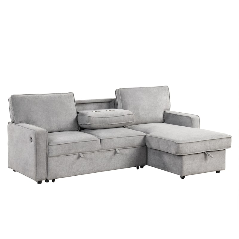 Gray Polyester Sleeper Sectional Sofa with Storage, Cup Holders & USB, 89x59x38 inches, 245 Pounds
