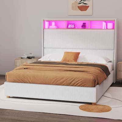 Moasis Corduroy Upholstered Platform Bed Frame with Charging Station and RGB LED Lights