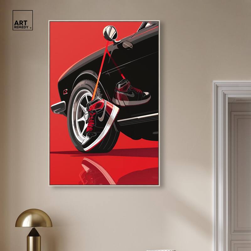 Red Bold Sneaker and Car Canvas by Art Remedy