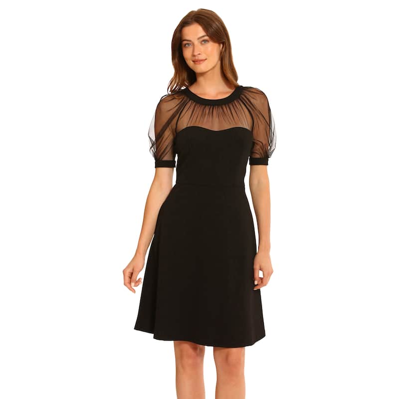 Round Neck Short Puff Sleeve A-Line Knee-Length Dress With Mesh Yoke And Scuba Crepe Body