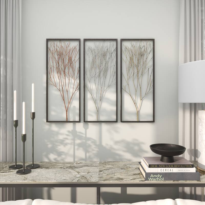 Black Metal Branch Tree Home Wall Decor with Metallic Copper, Silver, and Gold (Set of 3)