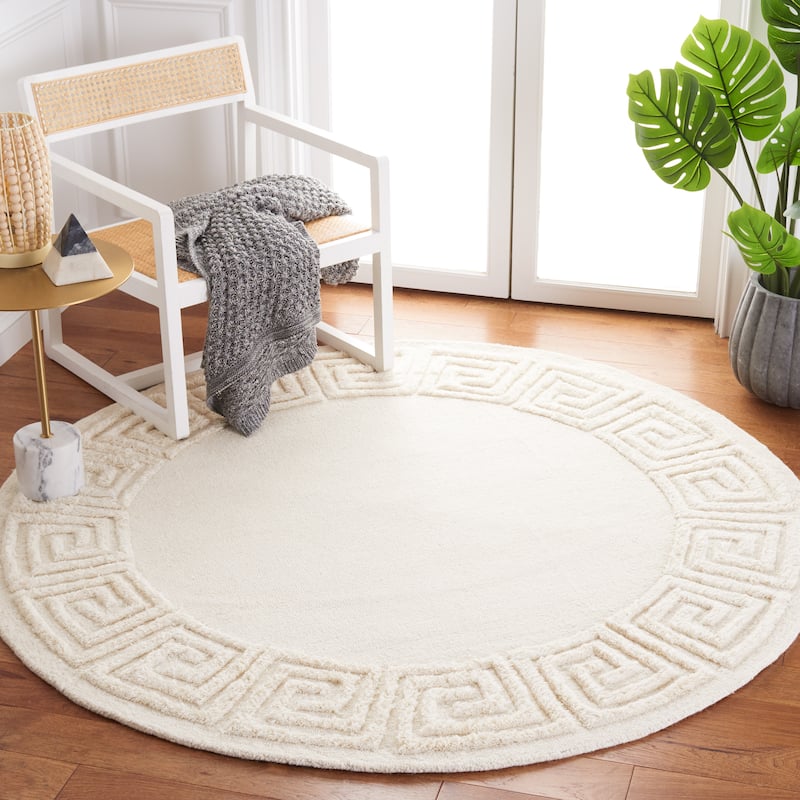 SAFAVIEH Handmade Metro Dream Greek Key Border Wool Rug - 6' Round - Ivory