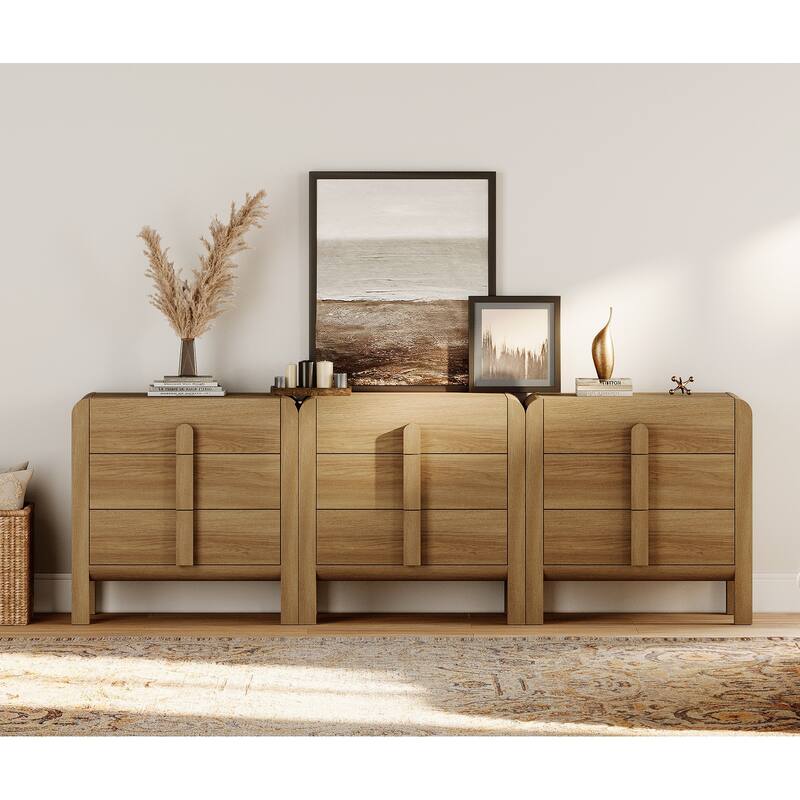WAMPAT Wood Dresser For Bedroom, Mid Century Modern Chest Of Drawers With Storage, 9 Drawer Dresser With Curved Profile Design - Walnut