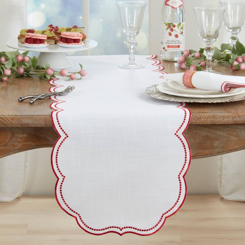 Embroidered Polka Dot Table Runner With Scallop Edge