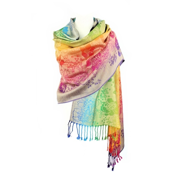 Pashmina Wrap Shawl Scarf Double Side Rainbow Exotic Tropical Colorful - 28"x70" with fringes. Opens flyout.