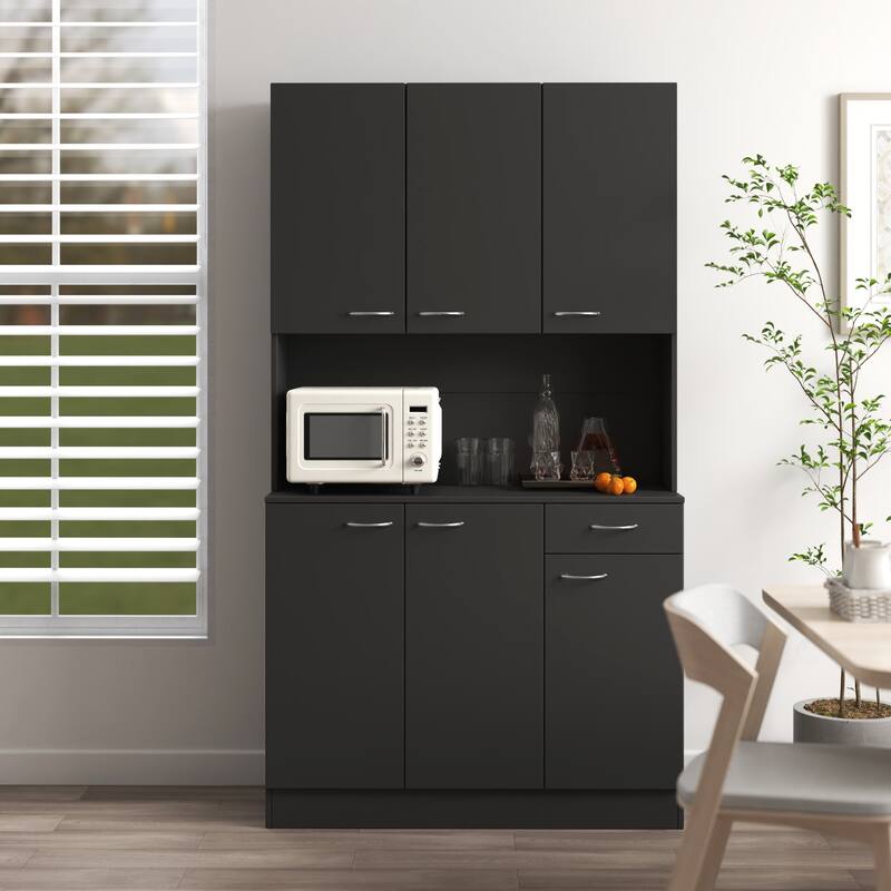 Anmytek 70.87" Tall Black Kitchen Pantry Cabinet with 6 Doors 1 Drawer and Open Shelf for Bedroom Kitchen Storage