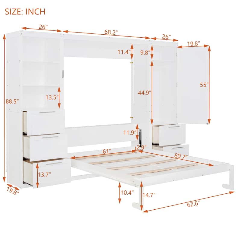 Foldable Queen Size Murphy Bed Flip Design Storage Wall Cabinet Bed with Wardrobe, Drawers, Open Shelves and Adjustable Layout