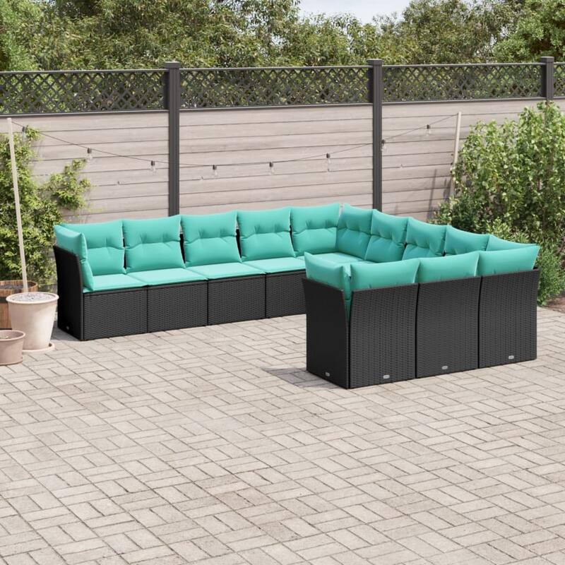 vidaXL 11 Piece Patio Sofa Set with Cushions Black Poly Rattan - Black - 24.4x27.2x24.4-Without table
