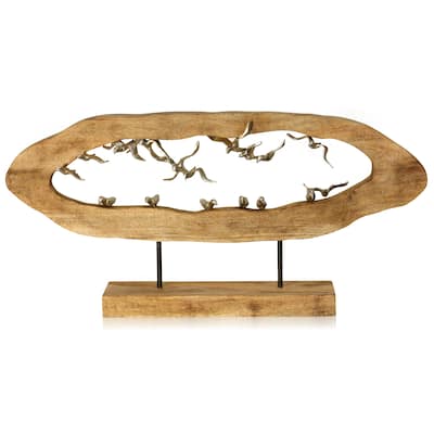 Gull Crevasse - Natural Carved Wood Table Top Accessory with Pewter Painted Flock of Birds