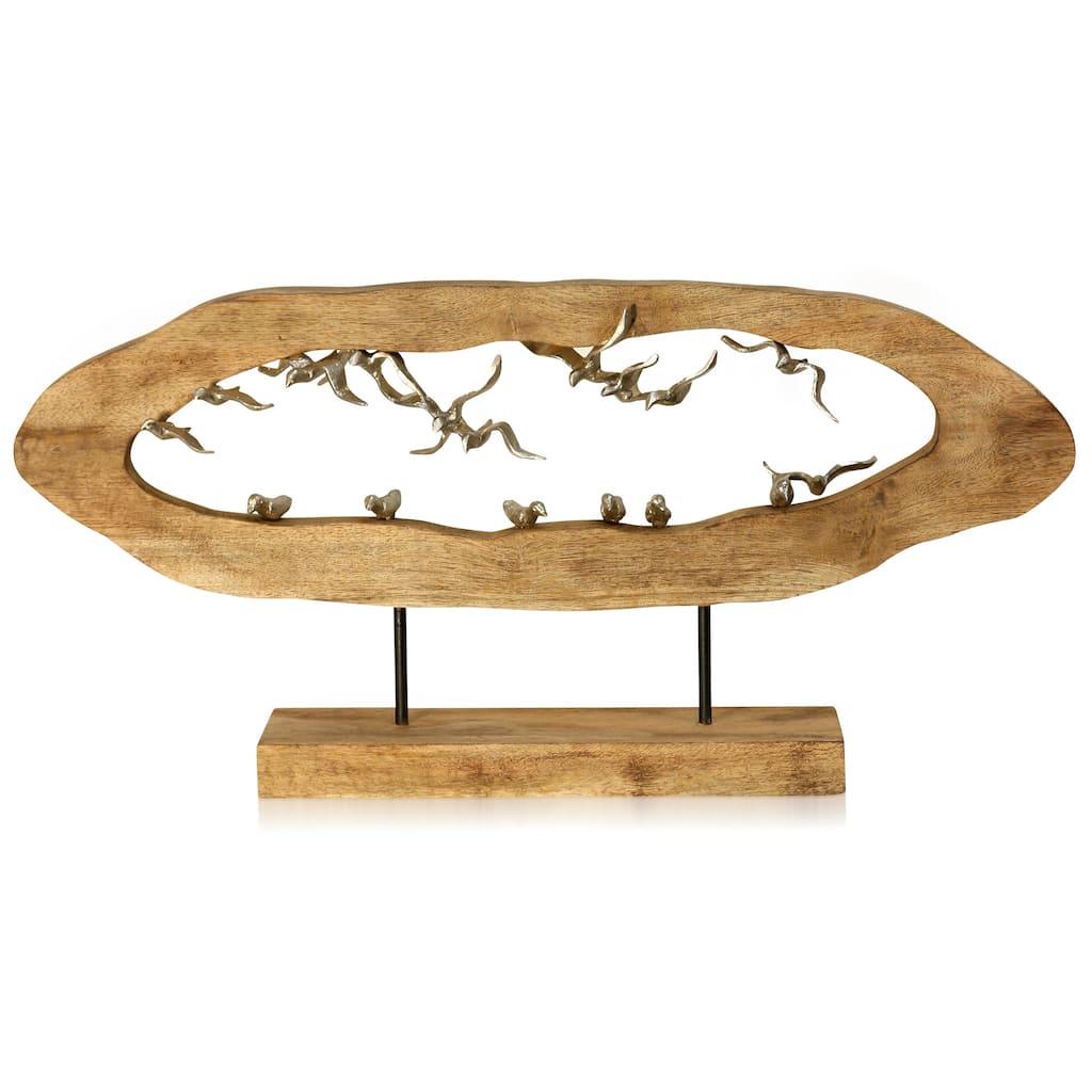 Gull Crevasse - Natural Carved Wood Table Top Accessory with Pewter Painted Flock of Birds