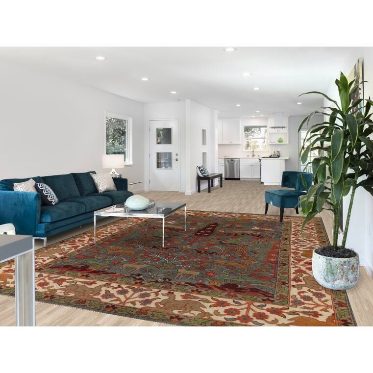 Hunting Animals Design Ziegler Indian Rug Handmade Gray Wool Carpet - 8'11"x 11'8"