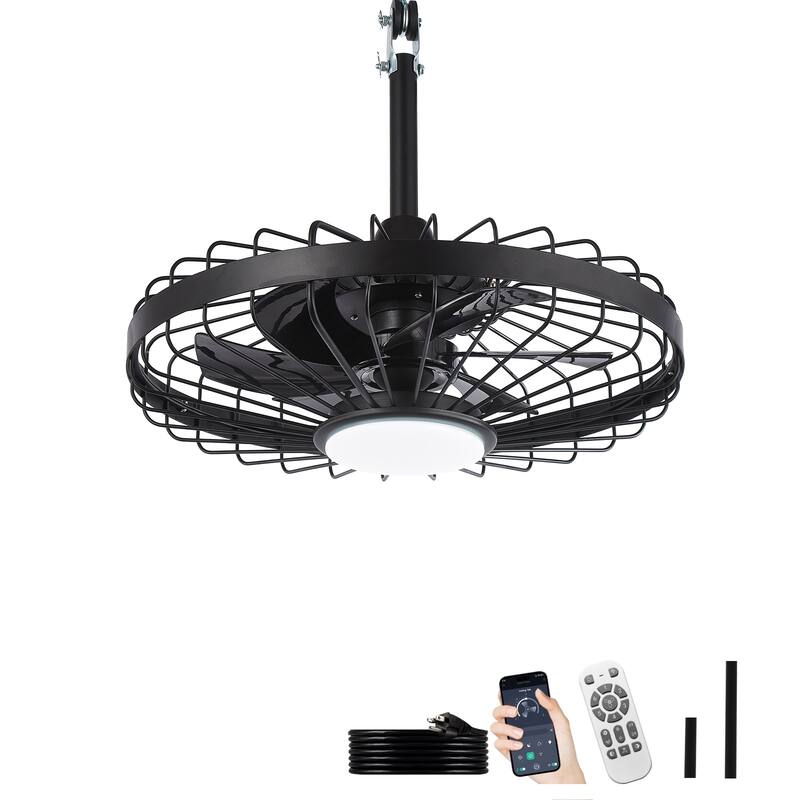 Outdoor Ceiling Fan with Light: 20 Inch Waterproof Gazebo Hanging - Plug in Remote App Control Caged Fans - 6 Speed Black - Black