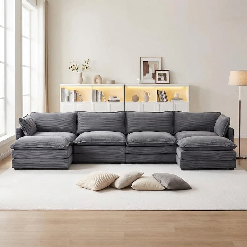 Oversized Modular Corduroy Sectional Sofa Set with Ottoman, 3-Seater / 4-Seater Deep Seat Lounge Couch for Living Room