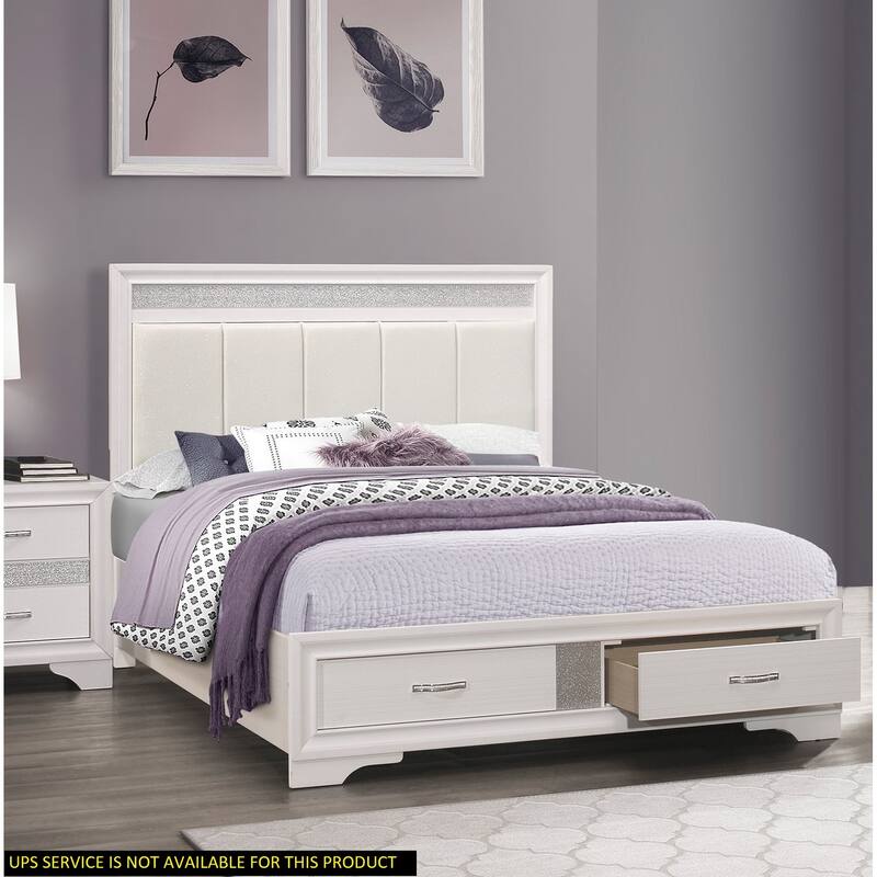 Queen Platform Bed with Drawers Storage, Upholstered Headboard, Silver Glitter Accent, White Finish