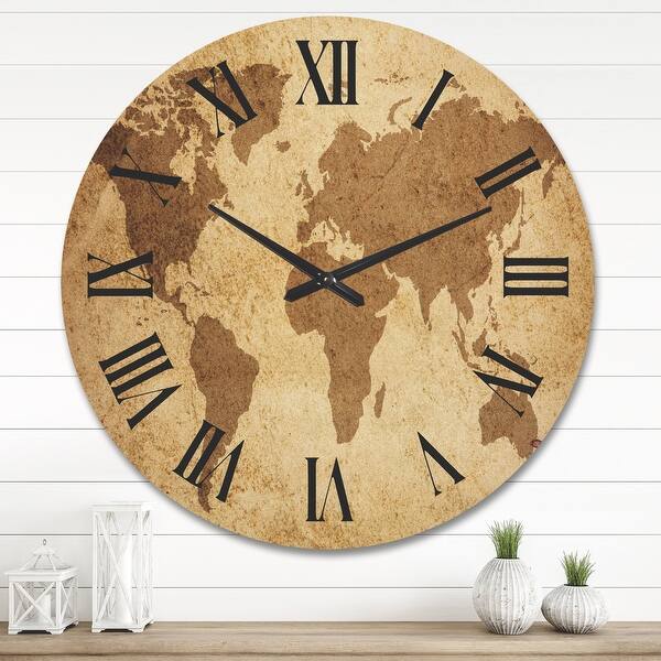 Designart 'Ancient Map of The World V' Vintage Wood Wall Clock - Bed ...